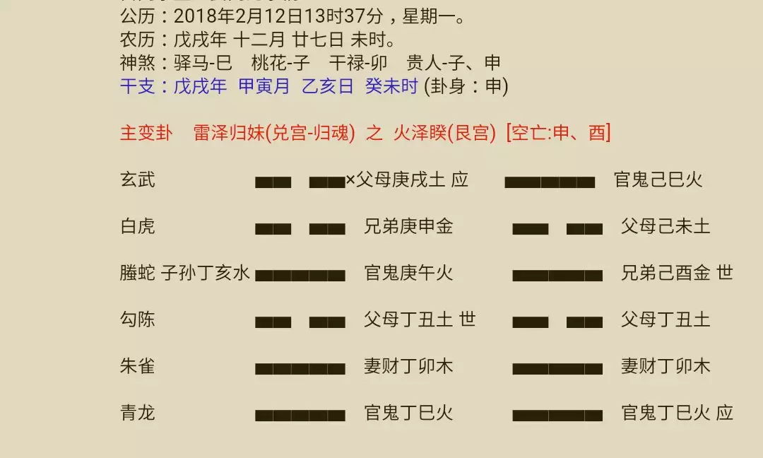 2、中午12点15分占得火泽睽测的婚姻求高人指点，最下面那一横是花花花还能变成什么卦女