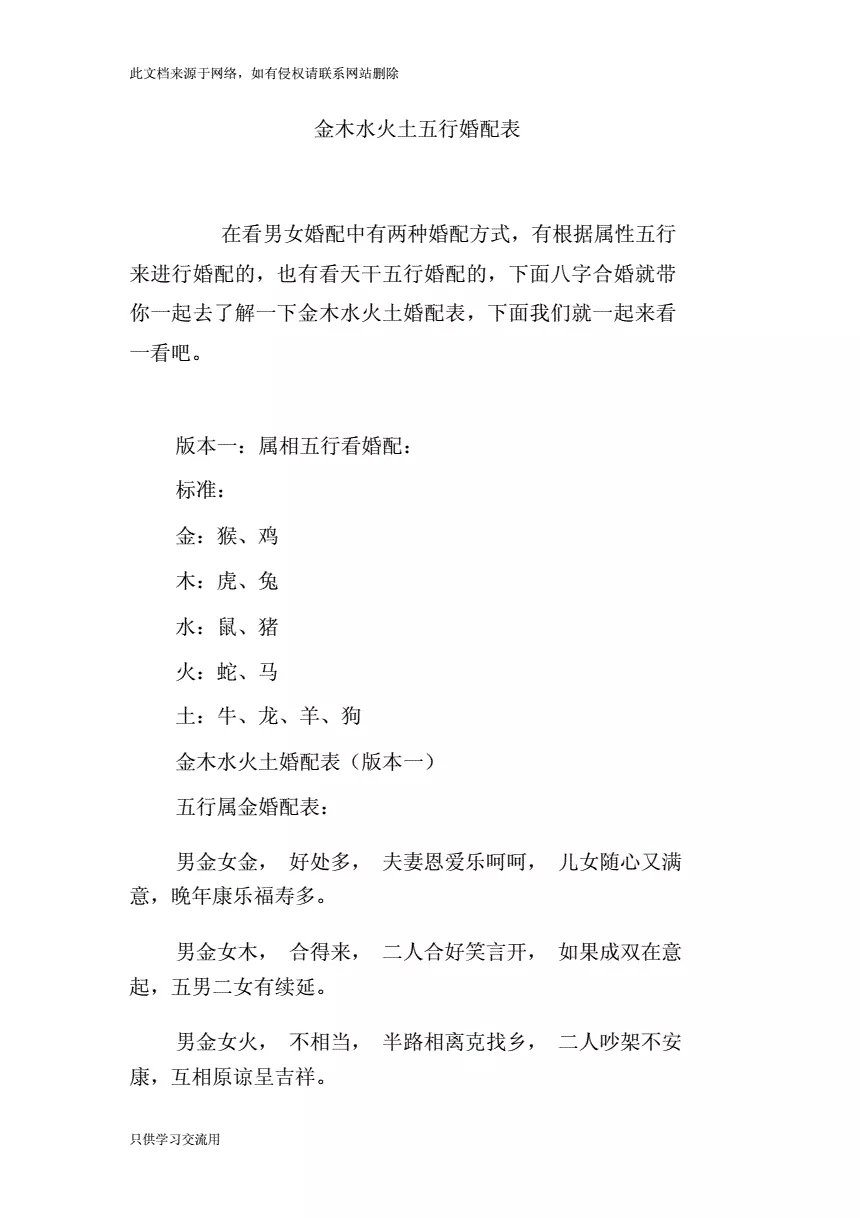 2、金木水火土婚配表:五行金木水火土婚姻怎么配