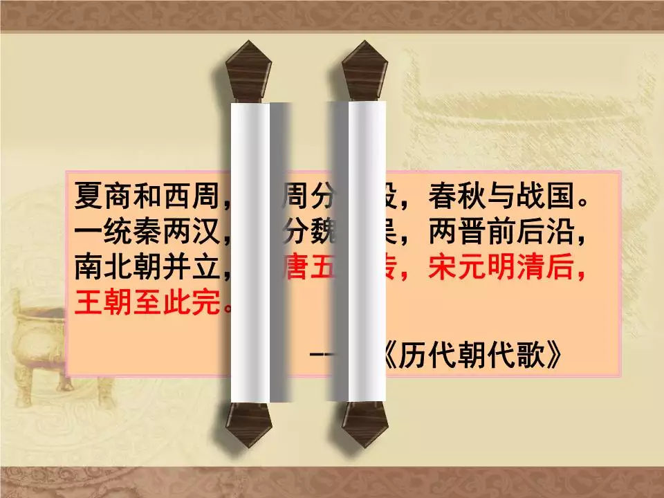3、夏商與西周，東周分兩段。 春秋和戰國，一統秦兩漢。 三分魏蜀吳，兩晉前後延。 南北朝並立，隋唐五代傳。