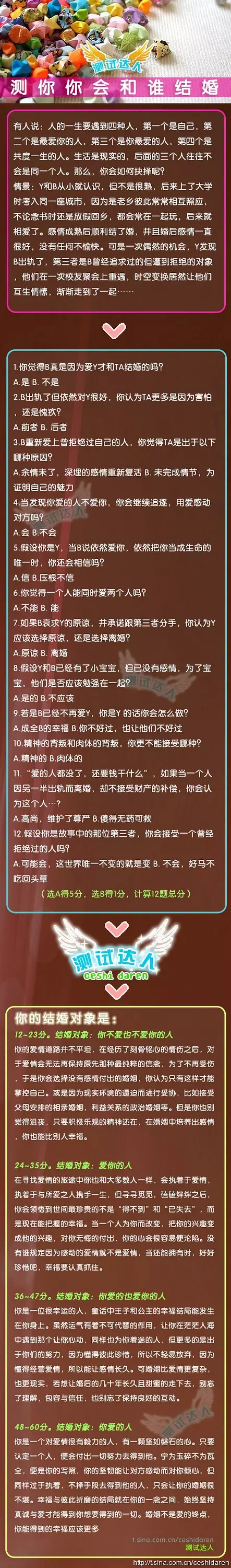 1、測試你將來會和誰結婚:趣味測試：你註定跟哪個星座結婚
