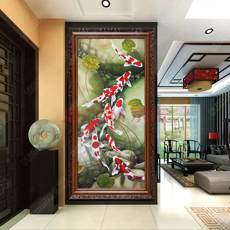 2、九魚圖玄關畫圖片大全:進門玄關掛九魚圖好嗎 九魚圖玄關掛畫豎版