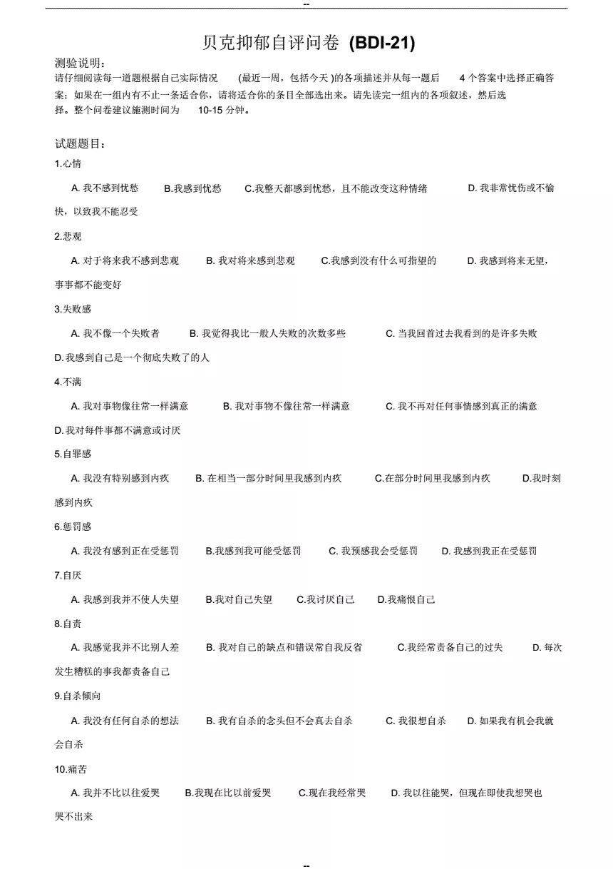 5、自查抑鬱問卷:SDS抑鬱症自評量表