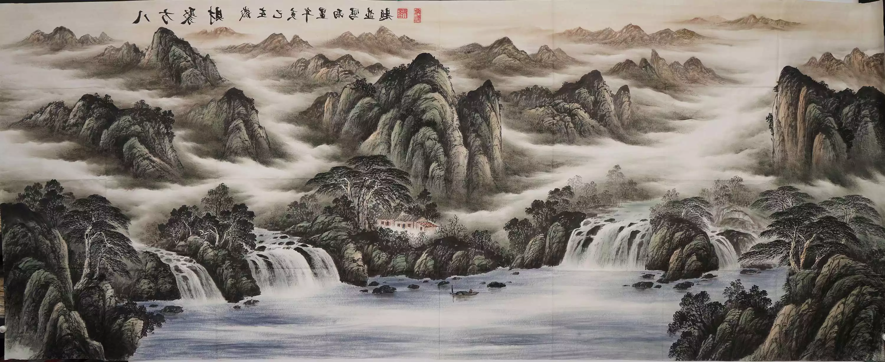 3、八方聚財山水畫圖片:八方聚財山水畫掛在正對大門可以嗎？
