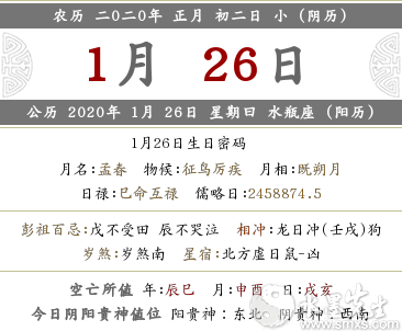 2020鼠年阴历正月初二之·时辰宜忌时辰吉凶(图文)