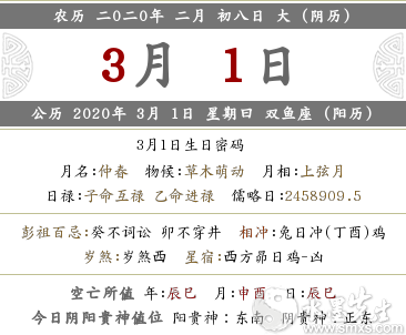2020年农历二月初八黄历喜神方位查询(图文)